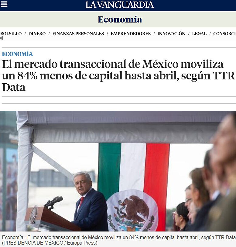 El mercado transaccional de Mxico moviliza un 84% menos de capital hasta abril, segn TTR Data